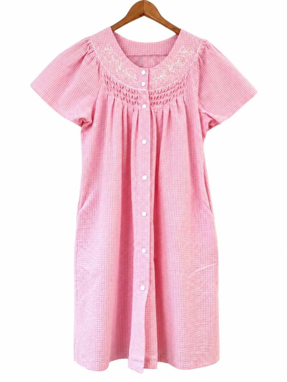 Miss Elaine Pink Gingham Seersucker Snap Front Robe House Muumuu Dress M Pockets